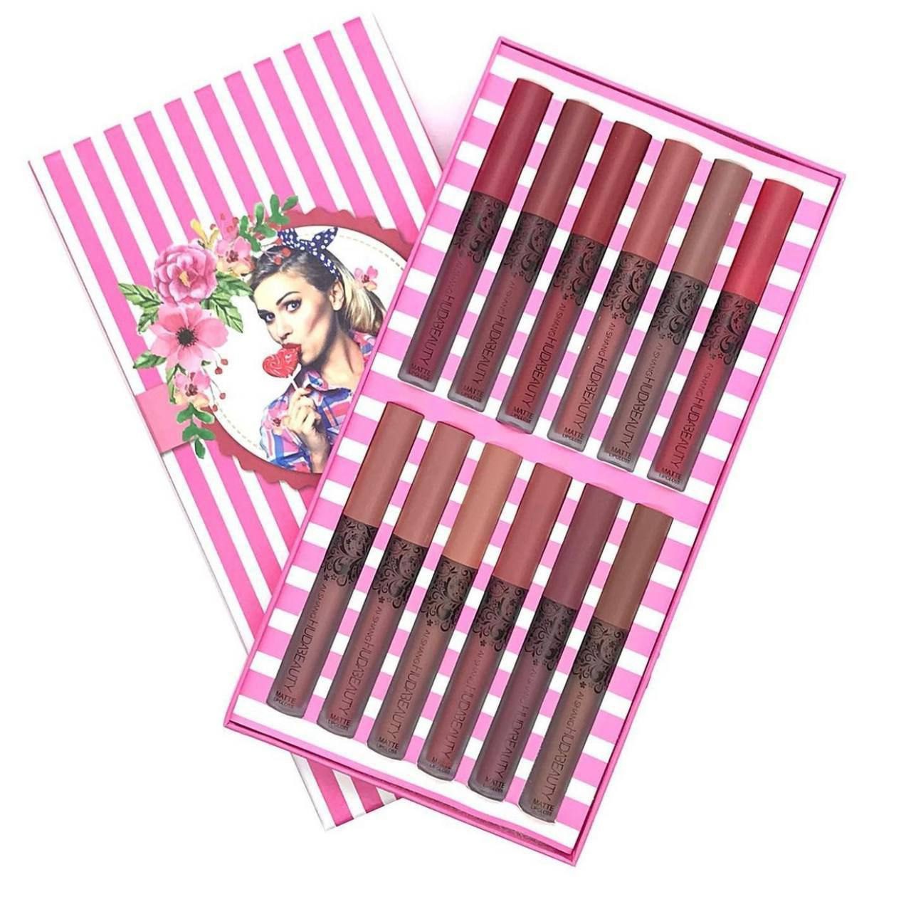 پک ۱۲ تایی رژلب مایع مات هدی بیوتی کد 2032 huda beauty al shang matte lip gloss 