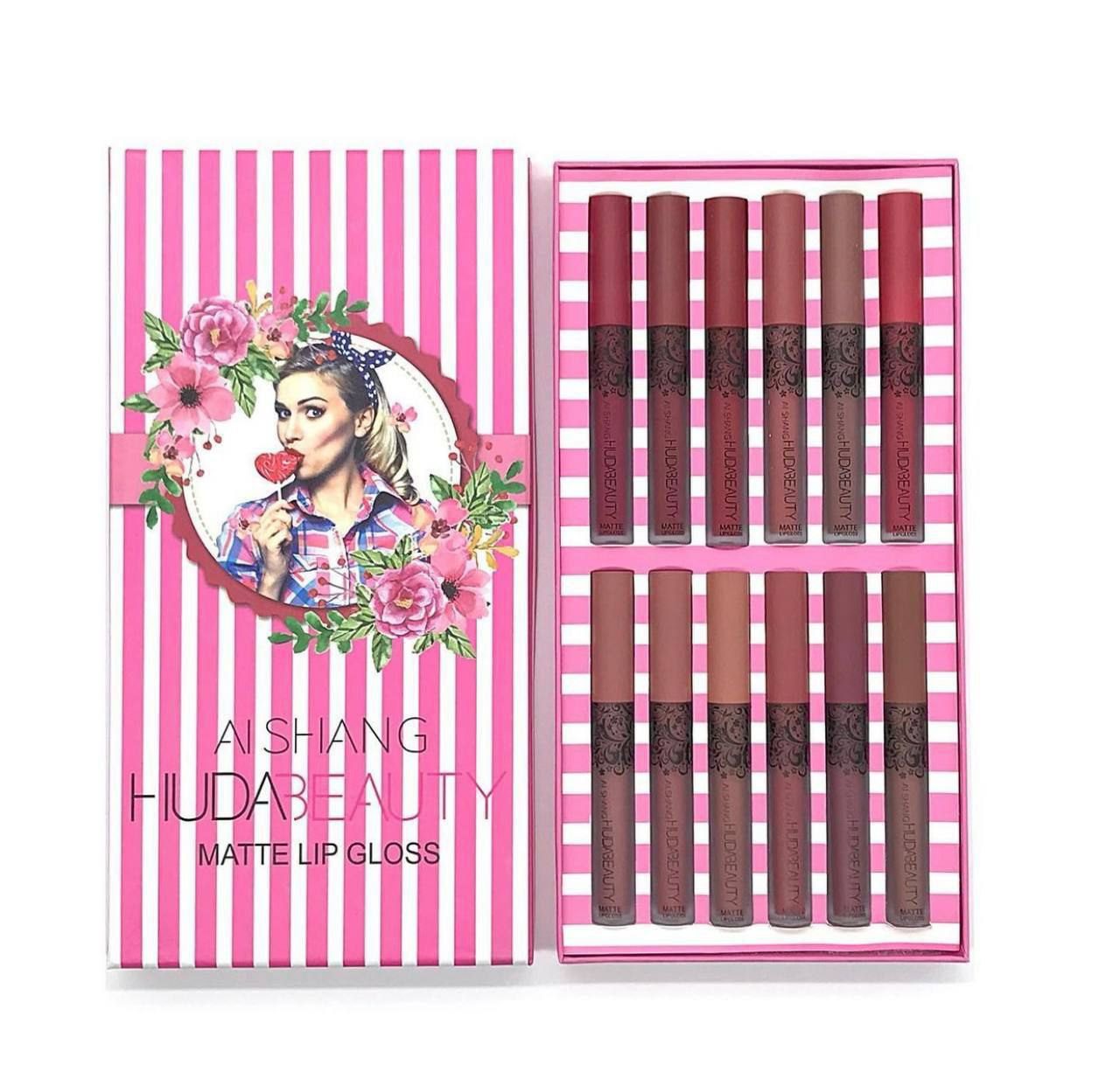 پک ۱۲ تایی رژلب مایع مات هدی بیوتی کد 2032 huda beauty al shang matte lip gloss 